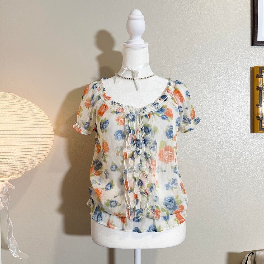 Forever 21 romantic floral sheer chiffon peasant blouse S